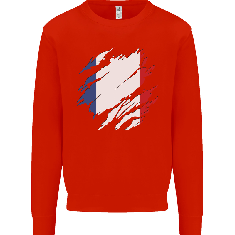 Torn France Flag French Day Football Kids Sweatshirt Jumper Bright Red