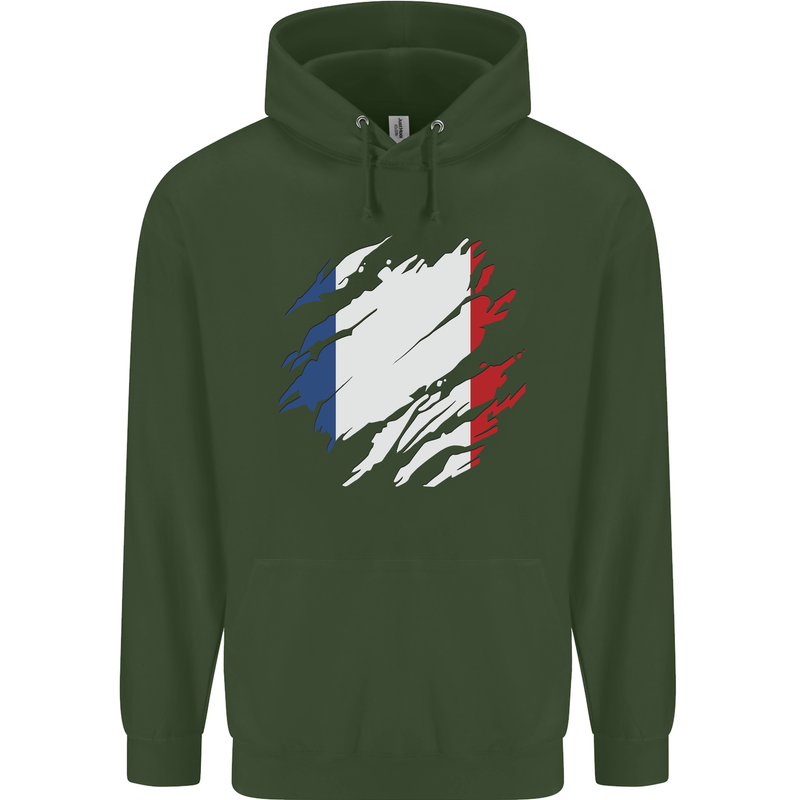 Torn France Flag French Day Football Mens 80% Cotton Hoodie Forest Green