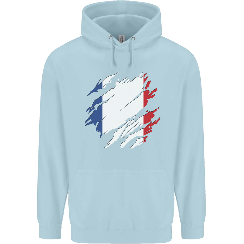 Torn France Flag French Day Football Mens 80% Cotton Hoodie Light Blue