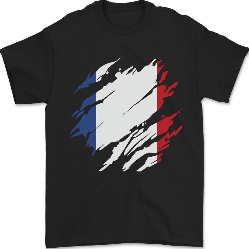 Torn France Flag French Day Football Mens T-Shirt 100% Cotton Black