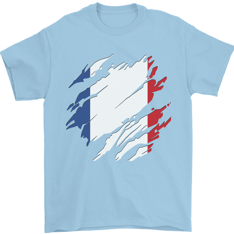 Torn France Flag French Day Football Mens T-Shirt 100% Cotton Light Blue