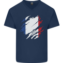Torn France Flag French Day Football Mens V-Neck Cotton T-Shirt Navy Blue