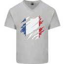 Torn France Flag French Day Football Mens V-Neck Cotton T-Shirt Sports Grey