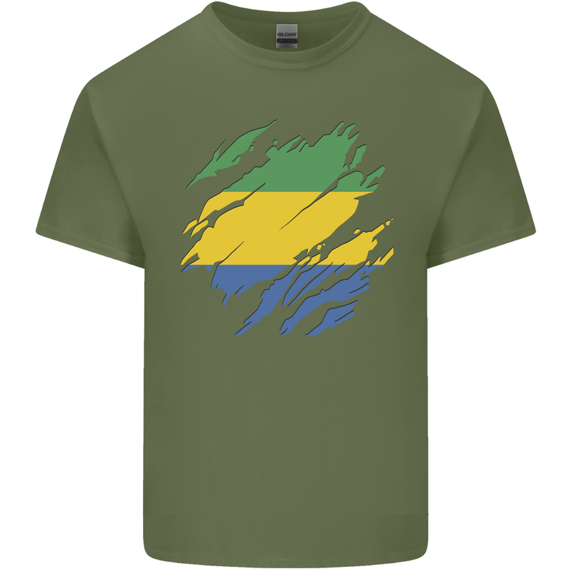 Torn Gabon Flag Gabonese Day Football Mens Cotton T-Shirt Tee Top Military Green