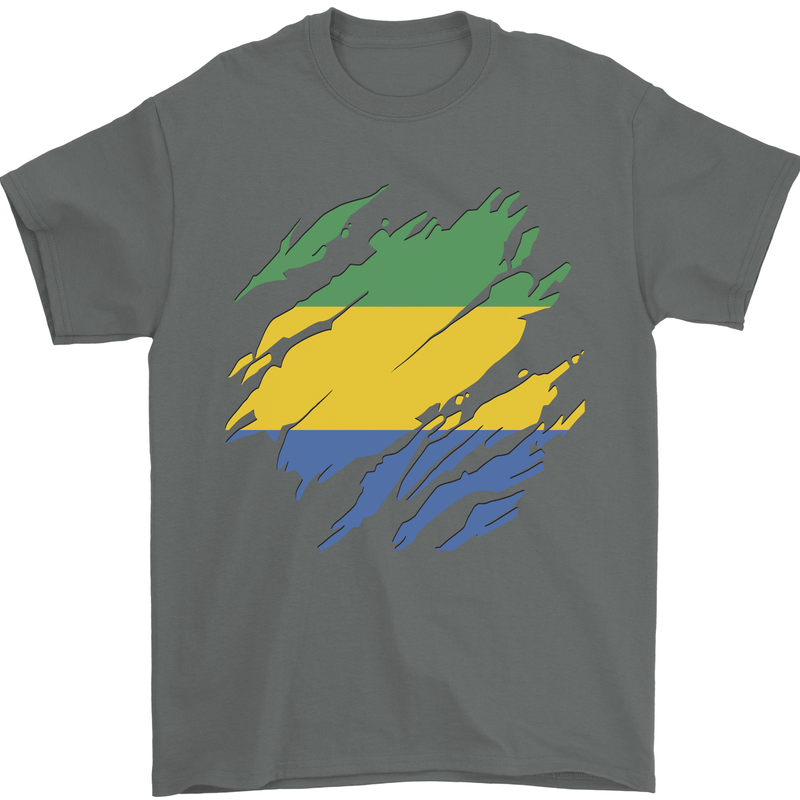 Torn Gabon Flag Gabonese Day Football Mens T-Shirt 100% Cotton Charcoal
