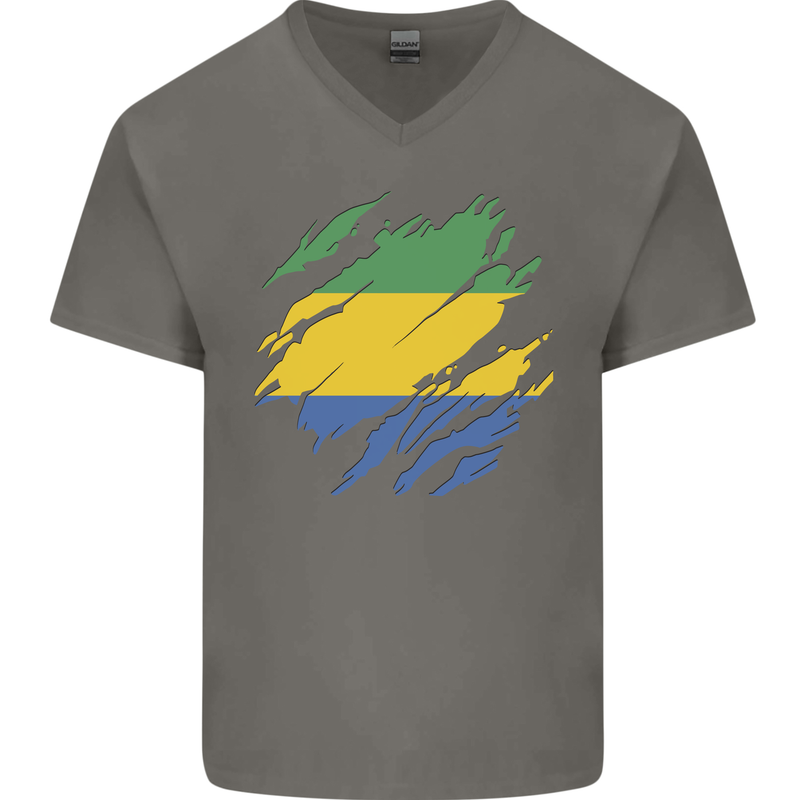 Torn Gabon Flag Gabonese Day Football Mens V-Neck Cotton T-Shirt Charcoal
