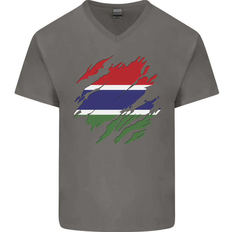 Torn Gambia Flag Gambian Day Football Mens V-Neck Cotton T-Shirt Charcoal