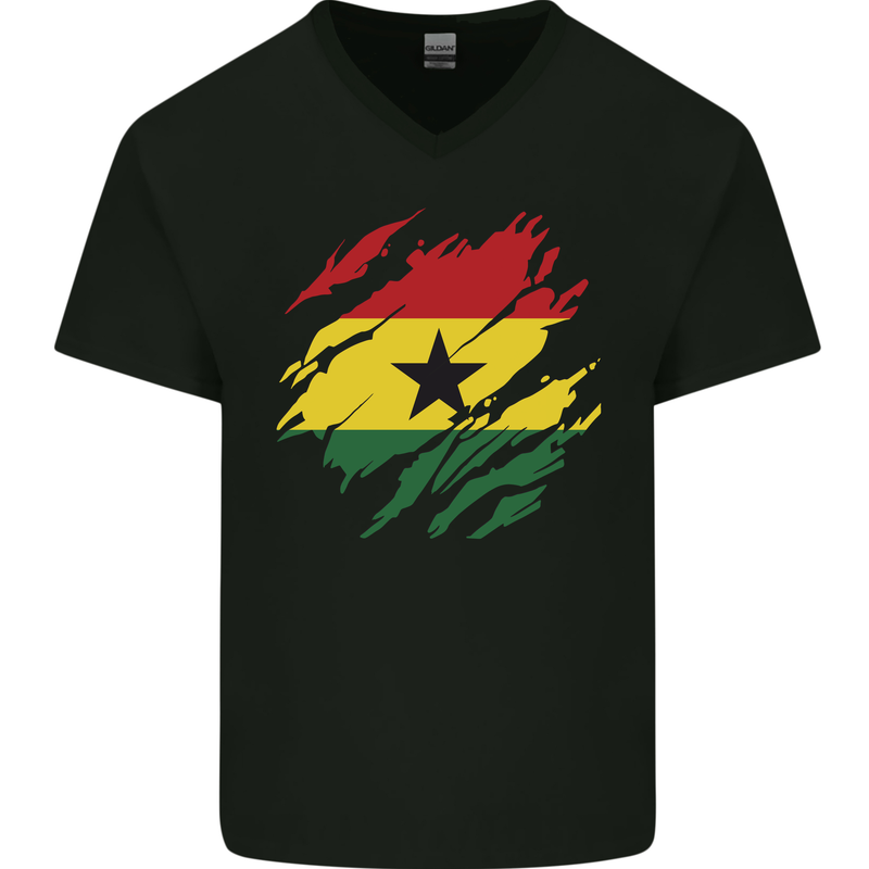 Torn Ghana Flag Ghanaian Day Football Mens V-Neck Cotton T-Shirt Black