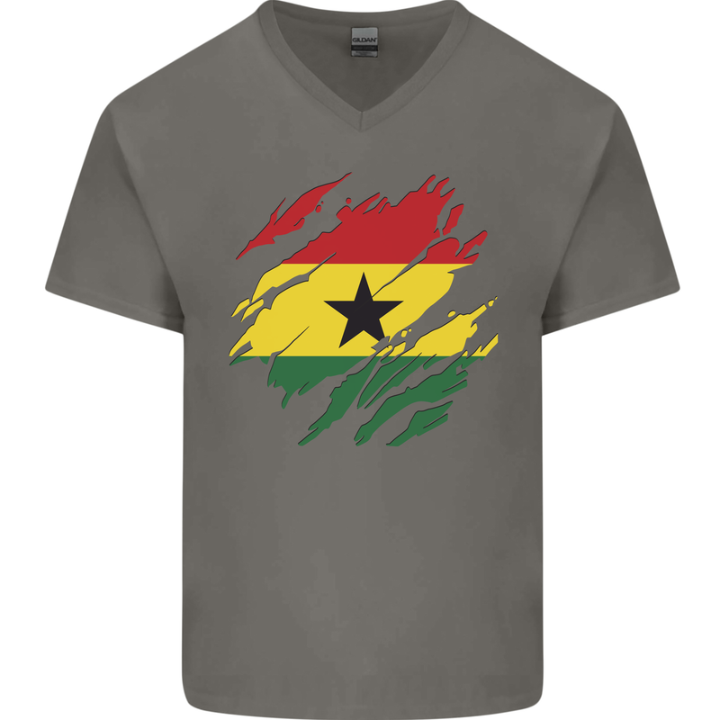 Torn Ghana Flag Ghanaian Day Football Mens V-Neck Cotton T-Shirt Charcoal