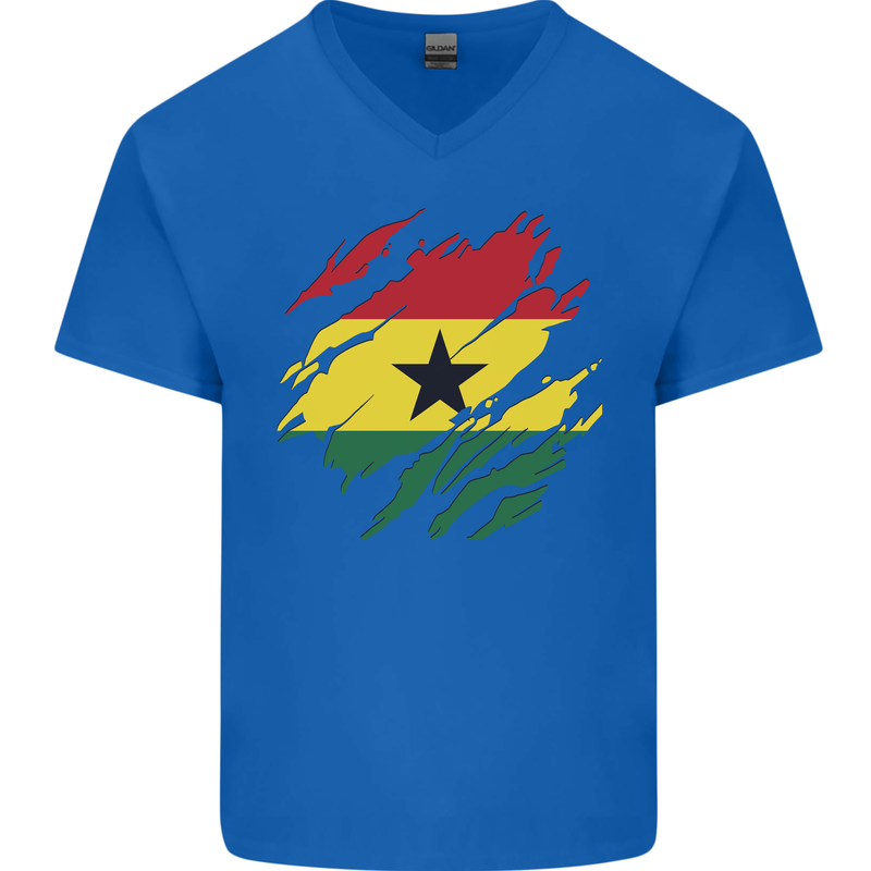 Torn Ghana Flag Ghanaian Day Football Mens V-Neck Cotton T-Shirt Royal Blue