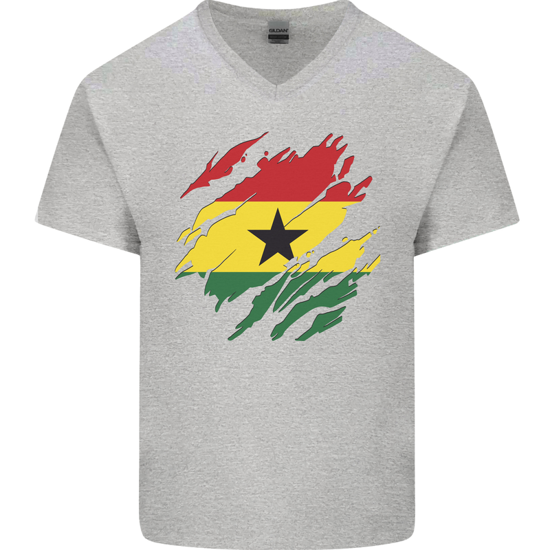 Torn Ghana Flag Ghanaian Day Football Mens V-Neck Cotton T-Shirt Sports Grey