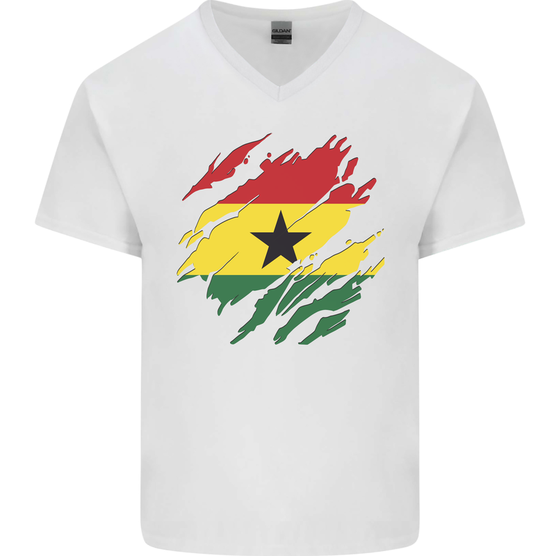 Torn Ghana Flag Ghanaian Day Football Mens V-Neck Cotton T-Shirt White