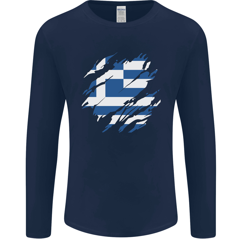 Torn Greece Flag Greek Day Football Mens Long Sleeve T-Shirt Navy Blue