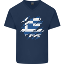 Torn Greece Flag Greek Day Football Mens V-Neck Cotton T-Shirt Navy Blue