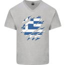 Torn Greece Flag Greek Day Football Mens V-Neck Cotton T-Shirt Sports Grey