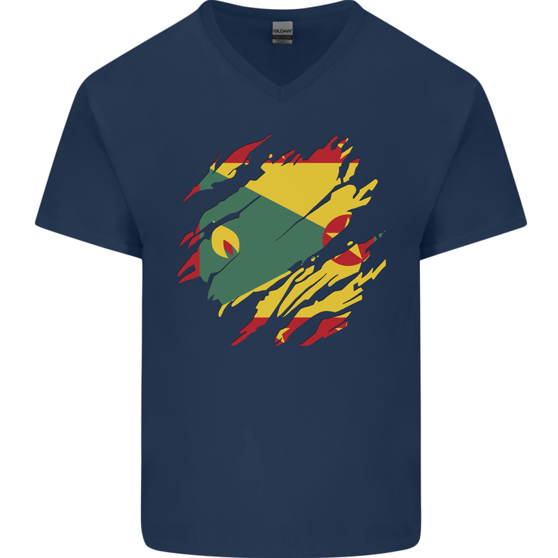 Torn Grenada Flag Grenadians Day Football Mens V-Neck Cotton T-Shirt Navy Blue