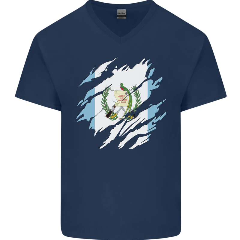 Torn Guatemala Flag Guatemalan Day Football Mens V-Neck Cotton T-Shirt Navy Blue