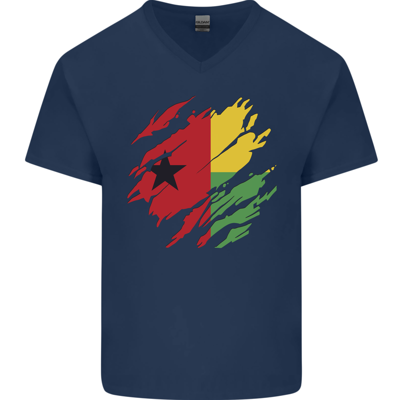 Torn Guinea-Bissau Flag Day Football Mens V-Neck Cotton T-Shirt Navy Blue
