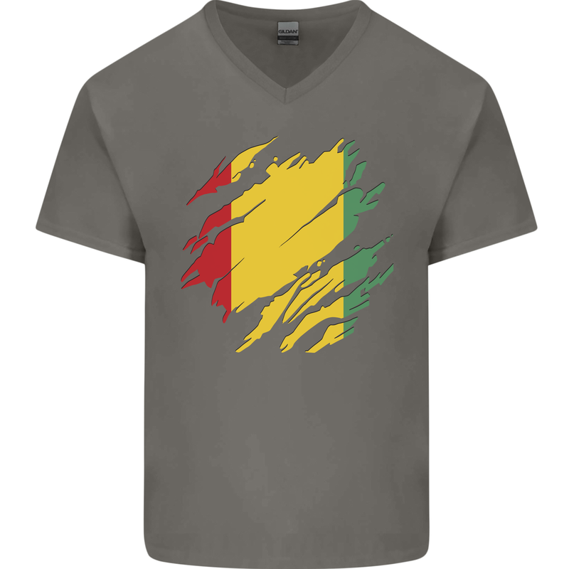 Torn Guinea Flag Guinean Day Football Mens V-Neck Cotton T-Shirt Charcoal