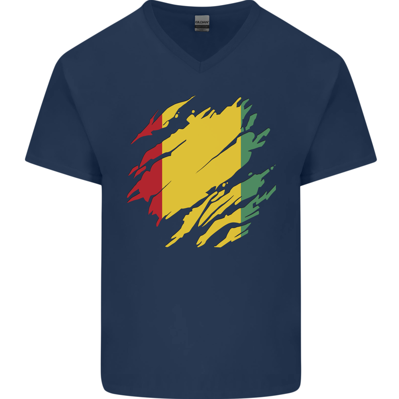 Torn Guinea Flag Guinean Day Football Mens V-Neck Cotton T-Shirt Navy Blue