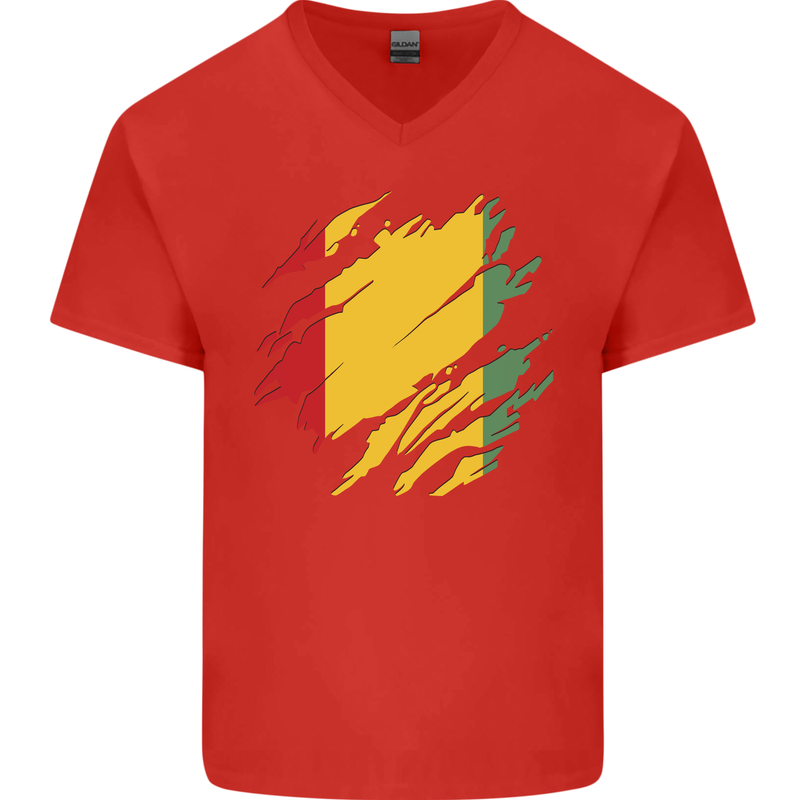 Torn Guinea Flag Guinean Day Football Mens V-Neck Cotton T-Shirt Red