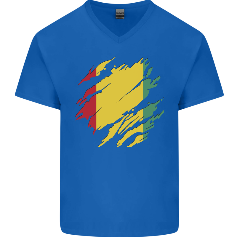 Torn Guinea Flag Guinean Day Football Mens V-Neck Cotton T-Shirt Royal Blue