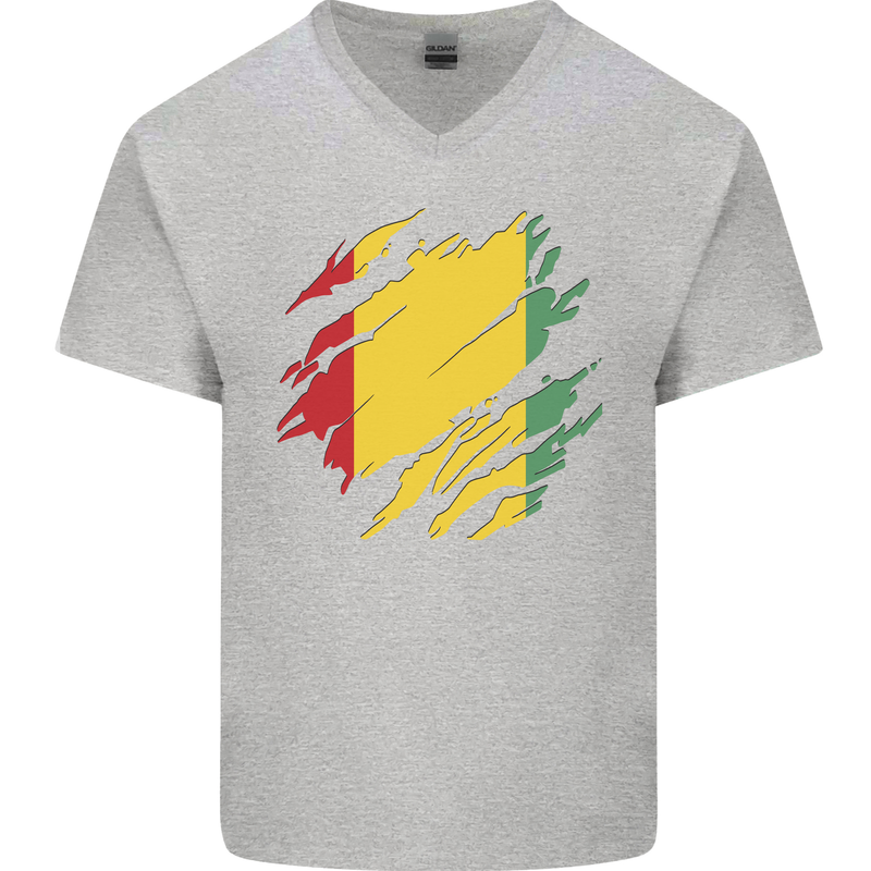 Torn Guinea Flag Guinean Day Football Mens V-Neck Cotton T-Shirt Sports Grey