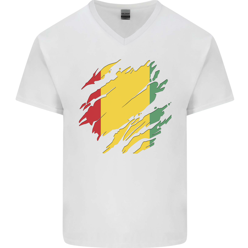 Torn Guinea Flag Guinean Day Football Mens V-Neck Cotton T-Shirt White