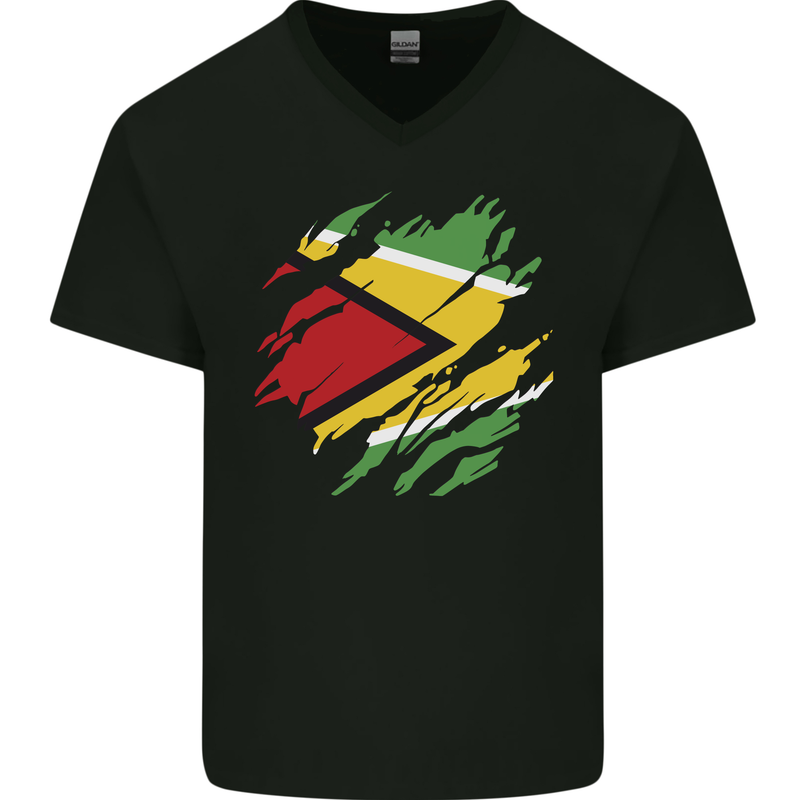 Torn Guyana Flag Guyanese Day Football Mens V-Neck Cotton T-Shirt Black