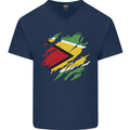 Torn Guyana Flag Guyanese Day Football Mens V-Neck Cotton T-Shirt Navy Blue