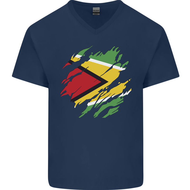 Torn Guyana Flag Guyanese Day Football Mens V-Neck Cotton T-Shirt Navy Blue