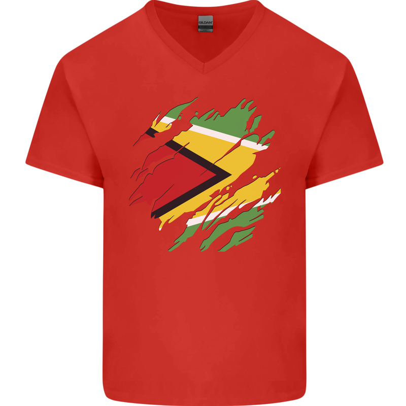 Torn Guyana Flag Guyanese Day Football Mens V-Neck Cotton T-Shirt Red