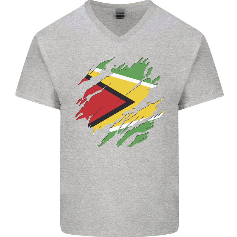 Torn Guyana Flag Guyanese Day Football Mens V-Neck Cotton T-Shirt Sports Grey