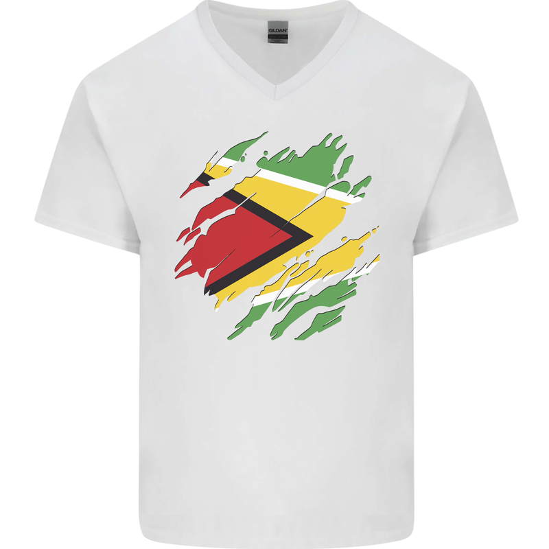 Torn Guyana Flag Guyanese Day Football Mens V-Neck Cotton T-Shirt White