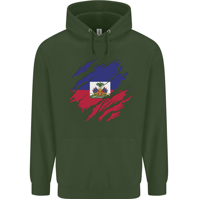 Torn Haiti Flag Haitian Day Football Childrens Kids Hoodie Forest Green