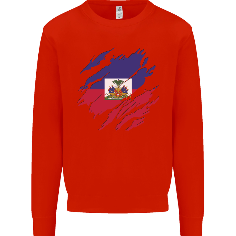 Torn Haiti Flag Haitian Day Football Kids Sweatshirt Jumper Bright Red