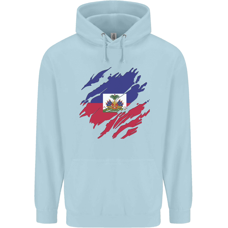 Torn Haiti Flag Haitian Day Football Mens 80% Cotton Hoodie Light Blue