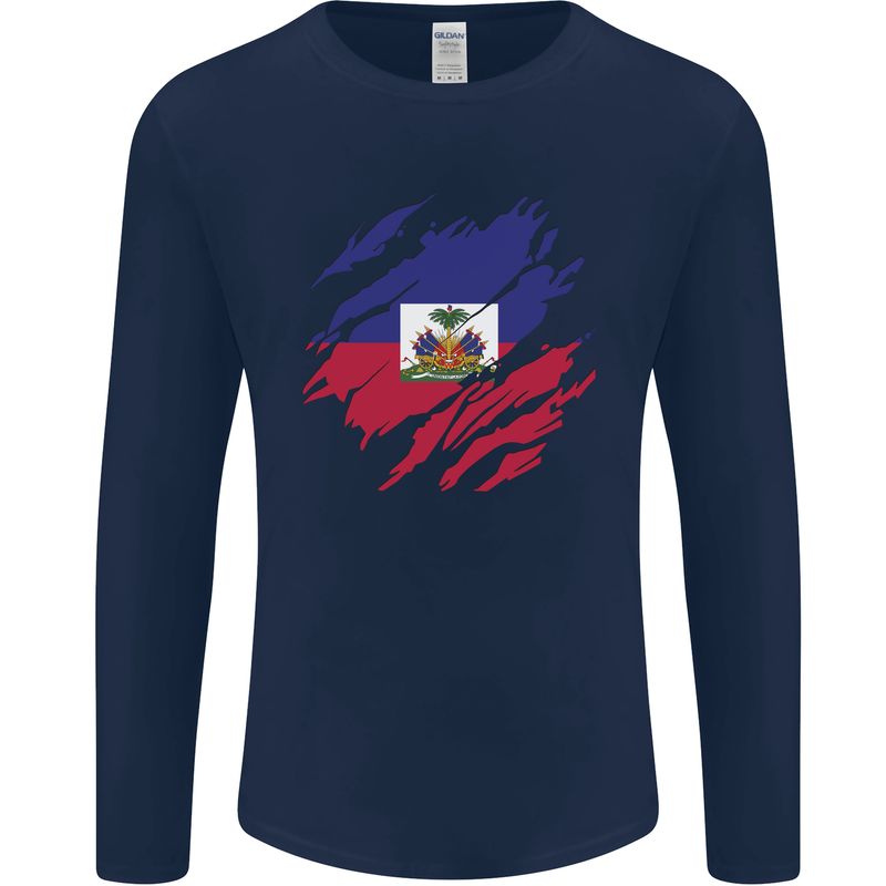 Torn Haiti Flag Haitian Day Football Mens Long Sleeve T-Shirt Navy Blue