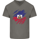 Torn Haiti Flag Haitian Day Football Mens V-Neck Cotton T-Shirt Charcoal