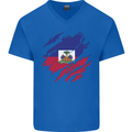 Torn Haiti Flag Haitian Day Football Mens V-Neck Cotton T-Shirt Royal Blue