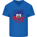 Torn Haiti Flag Haitian Day Football Mens V-Neck Cotton T-Shirt Royal Blue