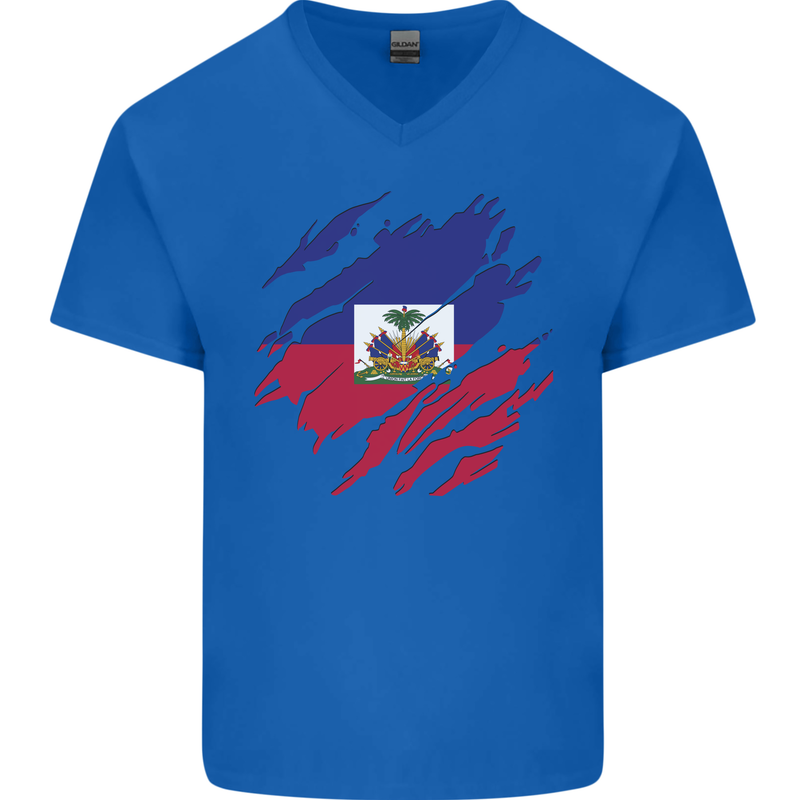 Torn Haiti Flag Haitian Day Football Mens V-Neck Cotton T-Shirt Royal Blue