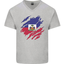 Torn Haiti Flag Haitian Day Football Mens V-Neck Cotton T-Shirt Sports Grey