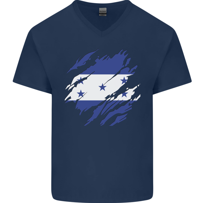 Torn Honduras Flag Honduran Day Football Mens V-Neck Cotton T-Shirt Navy Blue