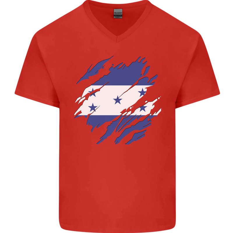 Torn Honduras Flag Honduran Day Football Mens V-Neck Cotton T-Shirt Red