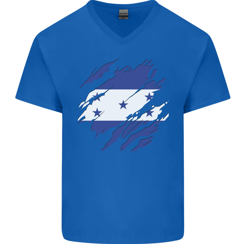 Torn Honduras Flag Honduran Day Football Mens V-Neck Cotton T-Shirt Royal Blue