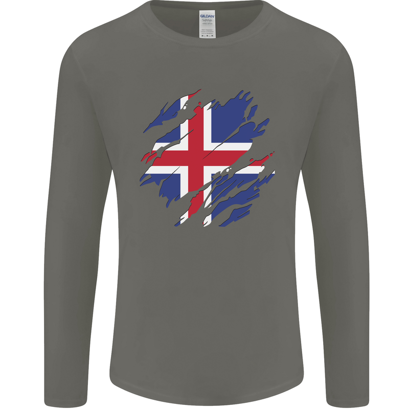 Torn Iceland Flag Icelander Day Football Mens Long Sleeve T-Shirt Charcoal