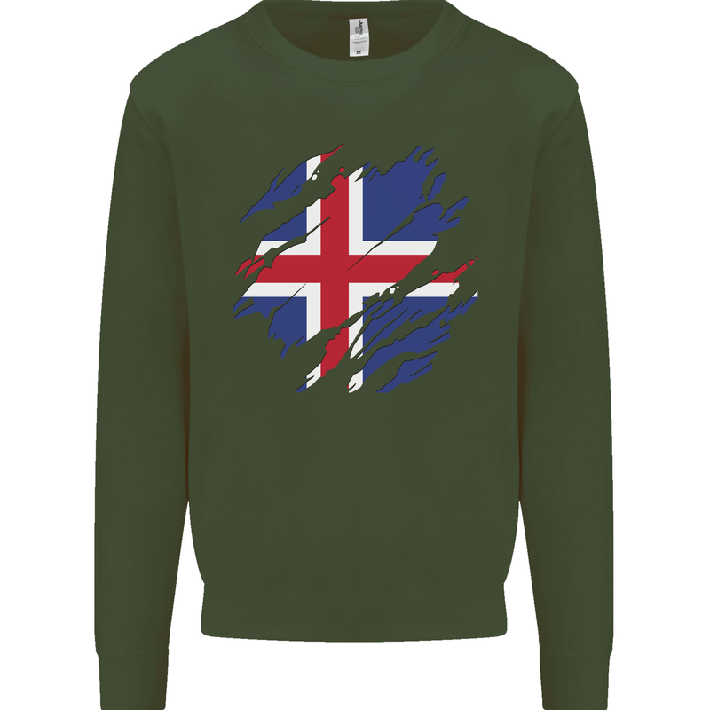 Torn Iceland Flag Icelander Day Football Mens Sweatshirt Jumper Forest Green