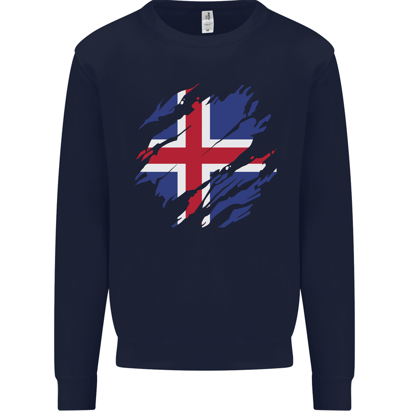Torn Iceland Flag Icelander Day Football Mens Sweatshirt Jumper Navy Blue