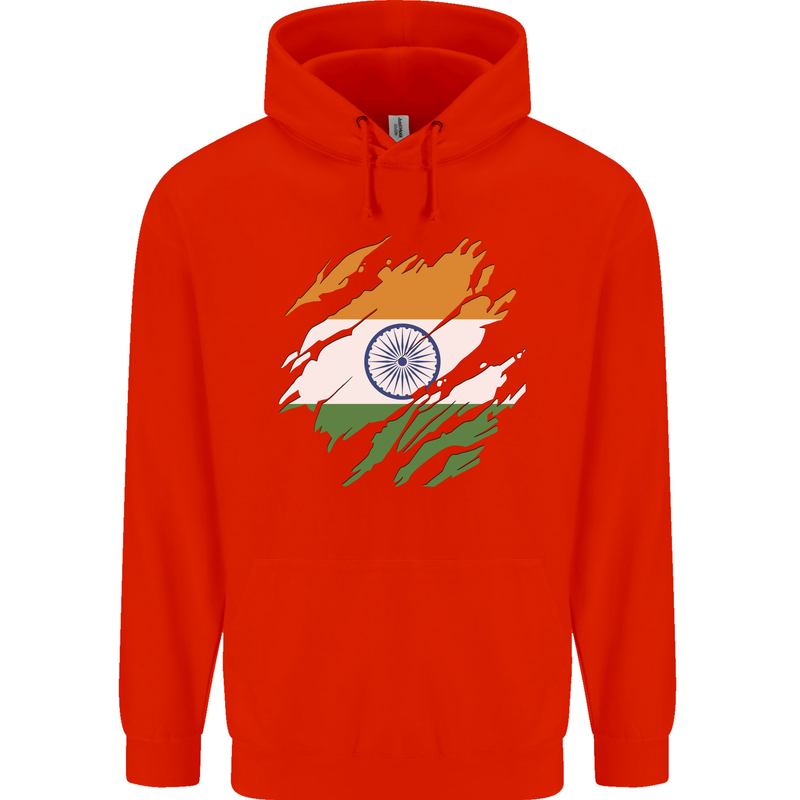 Torn India Flag Indian Day Football Childrens Kids Hoodie Bright Red